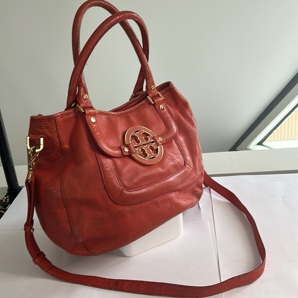 Tory Burch Amanda Orange Salmon Leather Satchel Shoulder Crossbody Bag